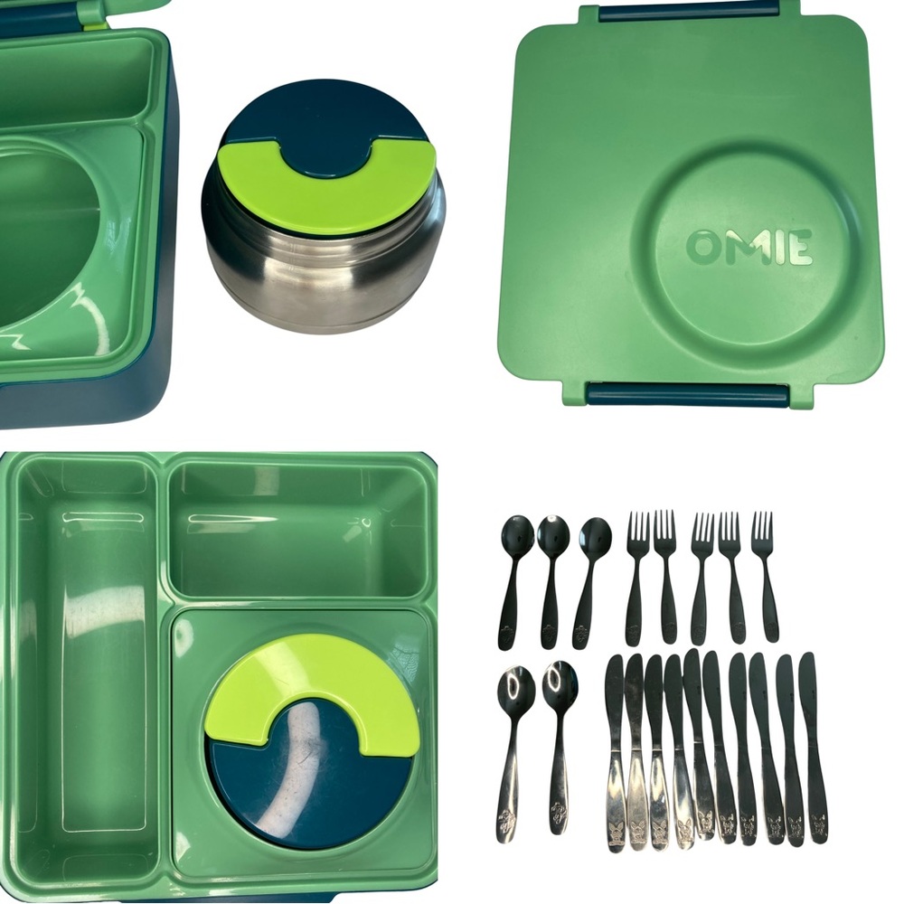 Green OmieBox Bento Lunch Box Set & 20 Piece Stainless Steel Silverware Bundle